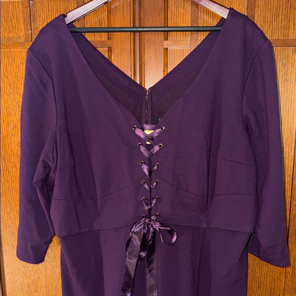 NWT Lane Bryant Lace-Up Corset V-Neck Midi Scuba Dress 3/4 Sleeve Semi-Formal - Picture 3 of 13